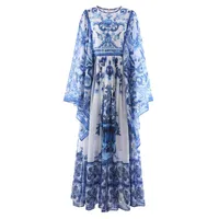 الفساتين غير الرسمية Qian Han Zi Designer Fashion Runway Summer Dress for Women Bat Sleeve Blue and White Porcelain Faction Maxi Dr