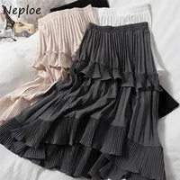 Neploe Autumn Pleated Skirt High Waist Irregular Hem Flouncing Women Long Skirts Fashion Faldas Jupe Femme 1F658 220427