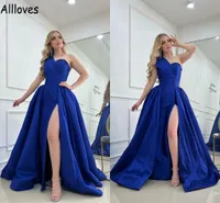 Royal Blue Satin Mermaid Evening Dresses With Overskirts One Shoulder Sleeveless Arabic Aso Ebi Prom Party Gowns Sexy High Split Women Formal Occasion Dress CL0969