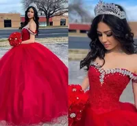 2022 Red Quinceanera -jurken kristallen kristallen tule veter omhoog Formele optocht jurk zoet 16 verjaardagsfeestje ballgown vloer lengte aangepaste vestidos bc12775 b0606g2