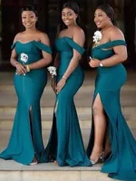 African Hunter Green Bridesmaid Dresses 2022 Sexig Off Shoulder Mermaid Split Side Long Evening Gowns Plus Size Maid of Honor Prom Dress BC9734