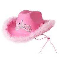 Pink Cowboy Hat Western Style Women Girls Birthday Party Caps With Feather Setrin Decoration Crown Tiara Night Club Cowgirl Hat