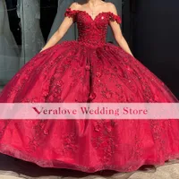Veralove Red Quinceanera Dresses Floral Applique Mexican Girls Vestidos de 15 Anos 2022 Sweet Sweet 16 Party Wear