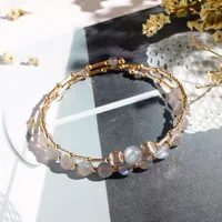 Brins en perles femmes bracelet en cristal de lune de lune naturel gris double couche or plaquée plaquée de la mode