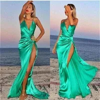 Romantic Silk Satin Green Prom Dress 2019 jade green Long Backless Floor Length Sexy Beach Side Slit Party Dresses Evening Wear Ch275n