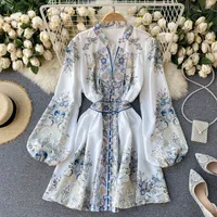 Domstol Vindtryck Klänning Kvinnor Fashion V Neck Puff Sleeve A-Line Dresses 2022 Vår Koreansk Bohemian Short Dress