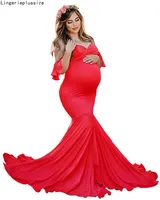 V-Neck Pregnant Photo Mercerized Cotton Dress Maternity Photography Props Long Ruffles Sleeve Pregnancy Maxi Gown Ctvvq