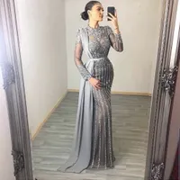 2022 Arabic Aso Ebi Grey Роскошные русалка вечерние платья из бисера кристаллы выпускные платья с высокой шеей второй прием второй прием Gonws