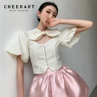 CHEERART Puff Sleeve Hollow Out Crop Corset Top Bow Short Sleeve Summer Blouse Jacquard Bodycon Ladies Desinger Top 220527