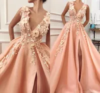 Nuevos vestidos de noche rosa de diseñador sexy v cuello en línea flores flores beads aplicados largos tul fiesta vestidos vestidos de fiesta vestidos de fiesta
