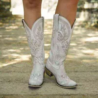 Roman Cowboy Boots For Woman White Embroider Western Cowgirl Botas Leather Rhinestones Mid-calf High Booties Casual Ladies Shoes Y220729