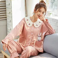 공주 면화 잠옷 여성 봄과 가을 스타일 소녀 느슨한 XXXL 편안한 홈웨어 세트 여자 수면 착용 핑크 cute1
