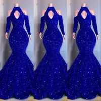 2022 Sexy Bling Royal Blue Sequined Crystal pageant Sequins Prom Dresses Long Sleeves Mermaid Keyhole Evening Gowns Elegant Off Shoulder Women Formal Dress B0414