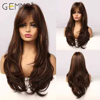 Gemma Cynthetic Long Wavy Dark Brown Golden Aightly Wig for Black Women African American Cosplay with Bangs Heat Resistant220511