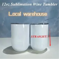 Local warehouse New 12oz Sublimation STRAIGHT Wine Tumbler with Lid 304 Stainless Steel Egg Shaped Stemless Wine Glass Coffee Mug Z11