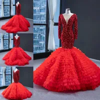赤いキラキラした人魚のウエディングドレス2022純粋なo-neck illusion長いスリーブフルビーズクリスタルクラウンドフリルスカートイブニングドレス
