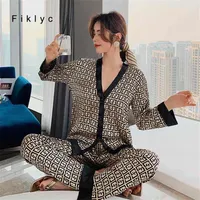 Fiklyc Women's Women's Pijamas Conjunto V Design de pescoço de luxo de letra de luxo de roupas de dormir de roupas de dormir como roupas de noite de casas de casas de pm pijamas s230v
