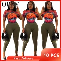 Women's Two Piece Pants 10pcs Wholesale Items Bulk Lots 2022 Summer Women Fashion Printed Short Sleeved Leggings Casual Suit For Going Outfi