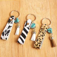 Keychains Turquesa Stone Fringe Tassel Charms Leopard Leather Handle Genuine for Women Key Ring WholesaleKeyChains