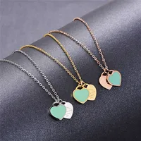 Martick romantyczny w stylu Europa w zawieszek serce Zielony różowy kolor podwójny serc link naszyjnik łańcuchowy dla kobiecy biżuteria