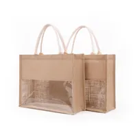 Burlap Tote Eco Friendly Shopping Bag with Handles Clear Window Reusable Grocery Organizer Travel Storage Container Handbag W220427