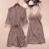 Women's Sleepwear 2PCS Women V-neck Robe Set Satin Kimono Gown Leopard Sleep Female Nighty&Robe Lace Trim Nightgown Home Wear