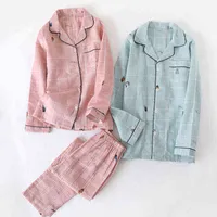 Japanese Style New Pair Conch Grid Pyjamas Set 100 Cotton Mesh Ladies Long Sleeve Pants Pyjamas Home Service Men Loose J220730