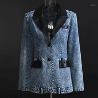 Women&#039;s Suits & Blazers Women Denim Blazer Leather Patchwork Spring Autumn Colorblock Coat