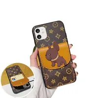 Designer Leather Card Holder Phone Cases for iPhone 13 12 11 pro max 13pro 12Pro 11pro X Xs XSmax Xr 7 8 Plug with Cute Dog Brown 2370