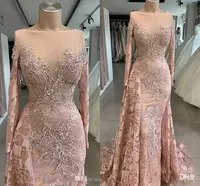 Luxury Dusty Pink Mermaid Prom Dresses Vintage Long Sleeve Lace Appliques Beads Long Evening Gowns Formal Occasion BC5129