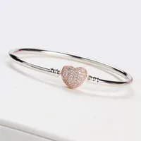 New Rose Gold Heart CZ Diamond Bangle Bracelet 세트 Pandora 925 Sterling Silver Women Wedding Bracelets Jewelry AC2688을위한 원래 상자