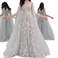 Casual Dresses Grey Elegant Maxi Evening Party Dress 2022 Women Star Mesh Tulle Floor Length Robe Fairy Bride Wedding Prom Gown Vestido Fema