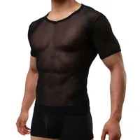 القمصان الخاصة بالرجال مثير القميص نحيف الرجال يتصدرون أسود انظر من خلال شبكة قصيرة من منظور Tshirt O