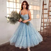 Party Dresses Baby Blue Vintage Prom 2022 Short Women Tea Length Pageant Birthday Evening Gowns Hearty Tulle Straps Formatura