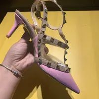 캐주얼 디자이너 섹시한 레이디 패션 브랜드 여성 핑크 특허 가죽 스터드 스파이크 포인트 발가락 하이힐 신부 웨딩 신발 6 5cm 9 297h