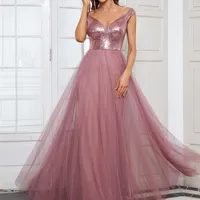 Elegant Evening Dresses A LINE Sleeveless V neck Long Sequins ever pretty of Simple Prom Dress Women 220816