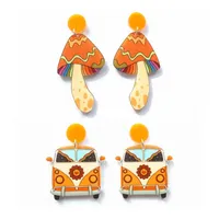 Stullo adorabile cartone animato colorato fungo e auto da viaggio con fiori stampare UV orecchini arancioni acrilici per WomenStud