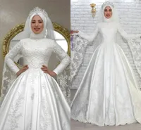 Vestidos de noiva de manga longa e de manga longa de dubai árabe muçulmano uma linha de pescoço de pescoço de pescoço de pescoço cetim vestidos de noiva longos hijab vestes