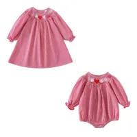 Girlymax Valentine&#039;s Day Sibling Baby Girls Ruffles Smocked Floral Cow Pants Set Dress Knee Length RomperKids Clothing AA220326