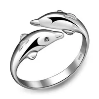Double Dolphin Love Anel Open Ring feminino Dolphin Love Silver Rings