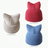 Beanie Skull Caps 2022 Multicolor Women Beanie Knitted Cat Ear Hat Thickened Protection Autumn And Winter Warm Cute Adult Wool