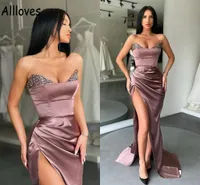 Arabic Aso Ebi Satin Mermaid Evening Dresses Strapless Shiny Sequins Pleats Formal Party Wear Sexy Side Slit Sweep Train Prom Celebrity Gowns Abendkleider CL0790