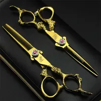 6.0 "2sts Sharp Blade Dragon Handle Gold Barber Hair Scissors Set Salon Cutting Thunning Shears Frisörande platt tänder Blad 220627