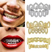18K Gold Hip Hop Full Diamond Hollow Teeth Grillz Dental Iced Out Fang Grills Braces Tooth Cap Vampire Cosplay Rapper Jewelry Whol306w