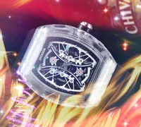 Lüks moda kristal erkekler kuvars saatler 43mm kauçuk silikon sporlar içi boş şeffaf iskelet kadran moda kol saatleri fabrika montre de lüks