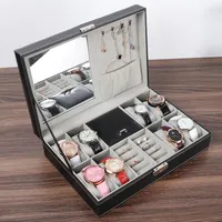 Titta på lådor Fall 8-slot Display Case Jewelry Box Organizer Luxury Ring Storage Gift Black Leather Holder With Mirror Lock