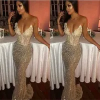 2022 Sequins Sweetheart Mermaid Prom Dresses Sleeveless Light Champagne Deep V Neck Long Sweep Train Evening Gowns