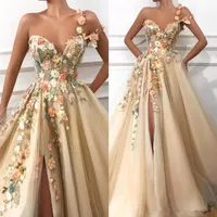 2019 Champagne One One Long Evening Dresses 3D Floral Lace Chakendique Deled Floor Length Length Prom Drons Italial Party Dresses311k