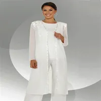 White Chiffon Long Sleeves Mother of the Bride Pant Suits With Long Blouse Sequins Beaded Mother of Groom Dress258F