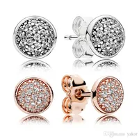 18K Rose Gold Round Disc Stud EARRING for Pandora 925 Silver CZ Diamond Earrings with Original box set Women Wedding Gift Jewelry205Z